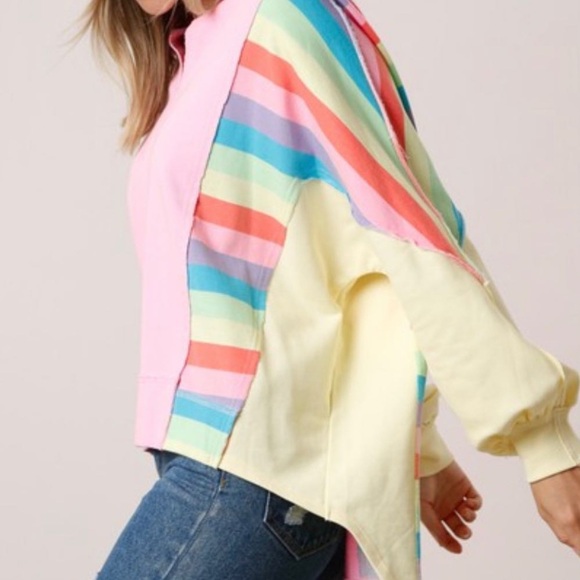 BNWT Boutique Pink Multi Colorblock Bubble Sleeve Top/Sweater - Picture 2 of 4